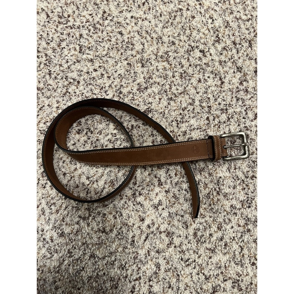 Timberland Men's Camel Brown Leather Belt Sz 42 Stitches Details Silver Buckle